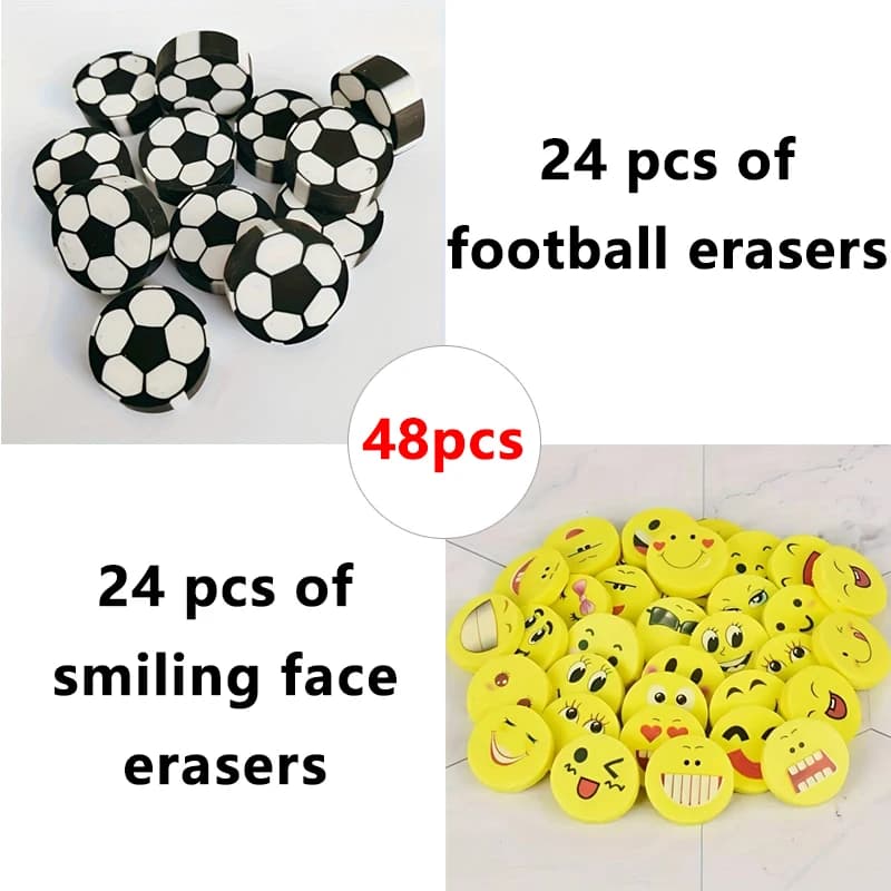 24/48 Pieces of Football Erasers and Smiley Face Erasers, Suitable for Students to Use for Writing, Drawing and Erasing.