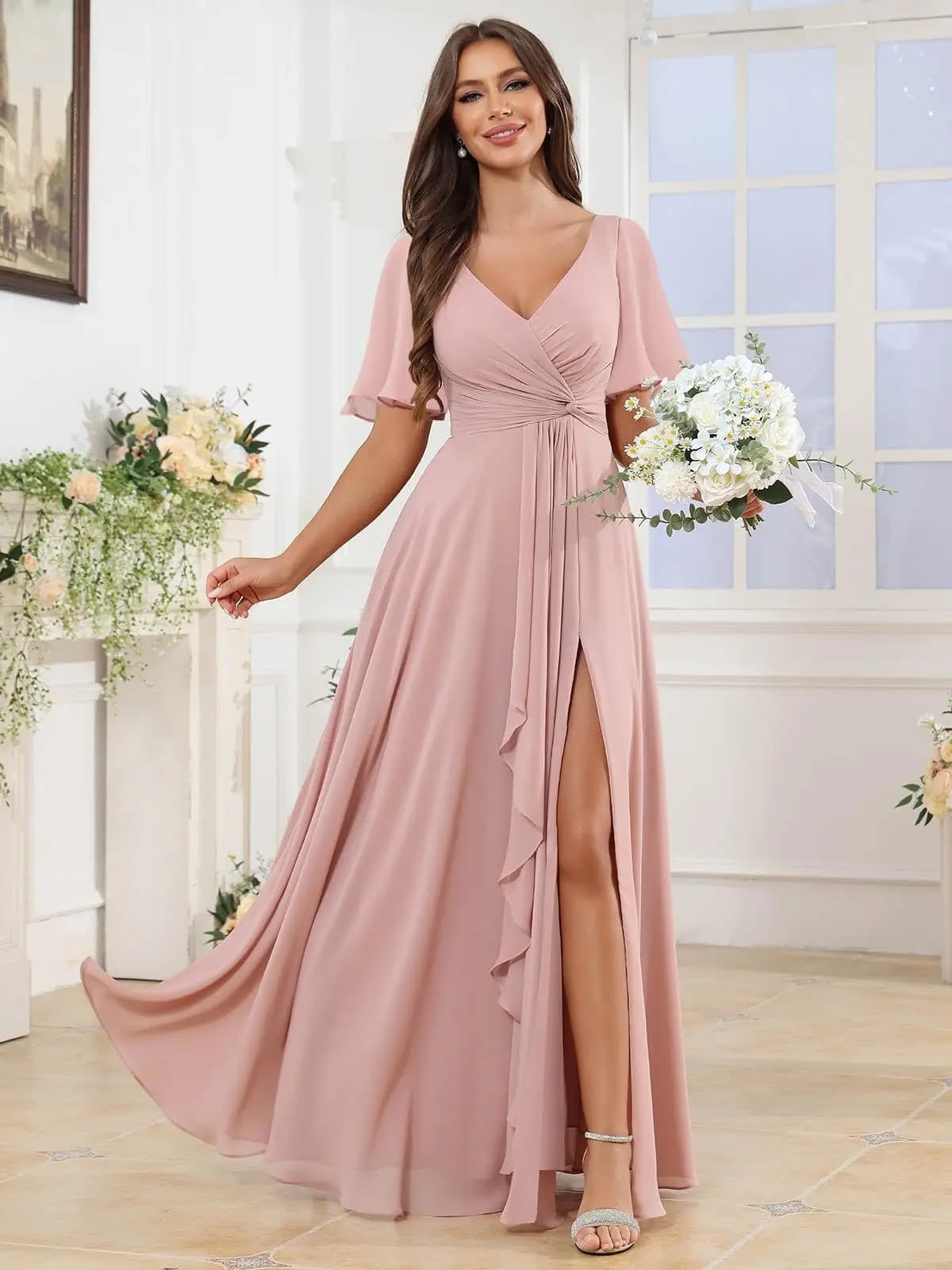 Elegant Chiffon Bridesmaid Dresses with Sleeves A Line Pleated Formal Evening Party Gown with Slit V Neck Wedding Party Dress