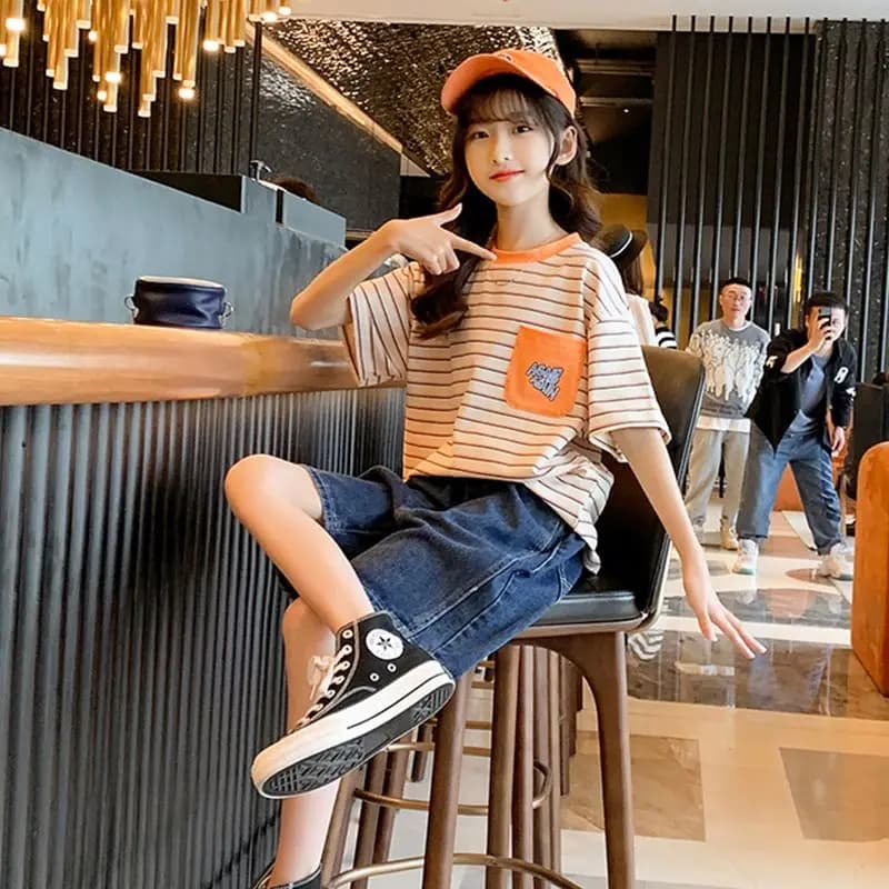 Girls Summer T-Shirt Pure Cotton Striped Loose Short Sleeve Top Casual Trendy Tee for Big Girls Youth Soft Breathable