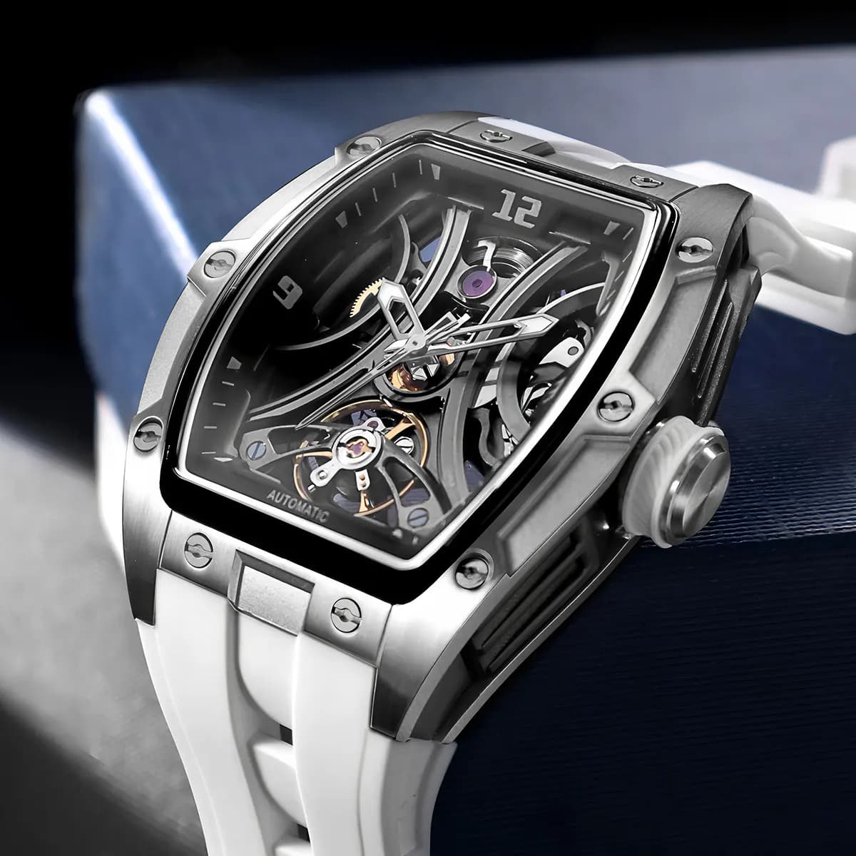 MEGIR Fashion Sports Mechanical Watch for Men Automatic Self-winding Wristwatch with Silicone Strap Transparent Tonneau Dial