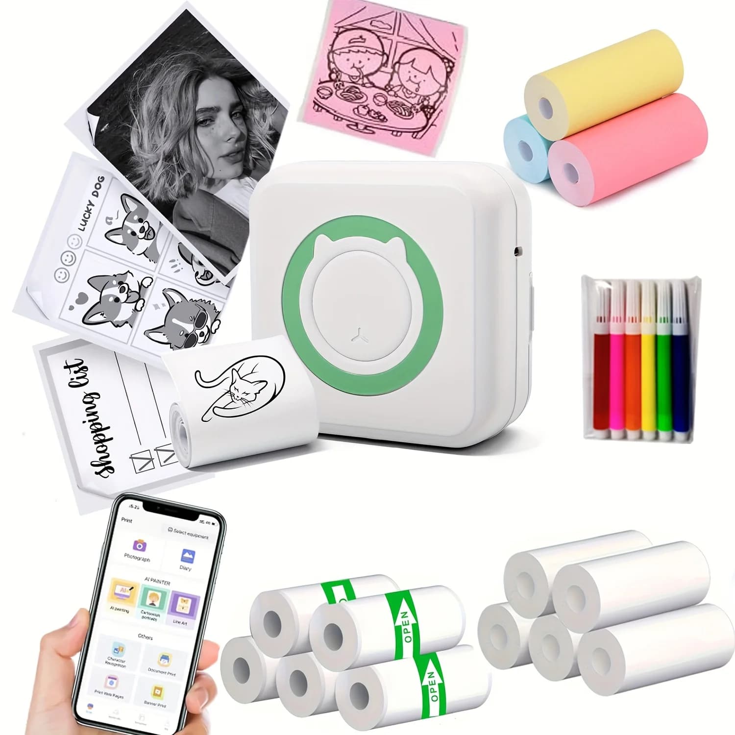 Pocket Mini Printer with 5 Rolls of White Paper + 5 Rolls of White Adhesive Paper + 3 Rolls of Colorful Paper, Portable Thermal
