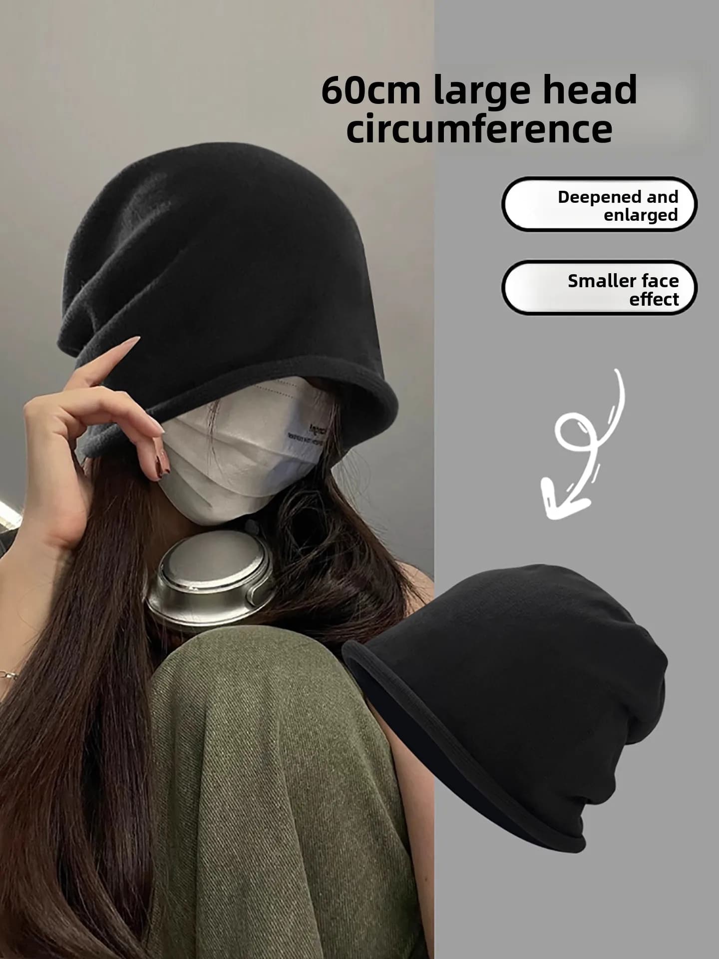 Xu Shuxin Women's Hat Casual Style round Top No Brim Cotton Cap Spring Autumn Winter Universal Large Head Size Black Cuffed T...