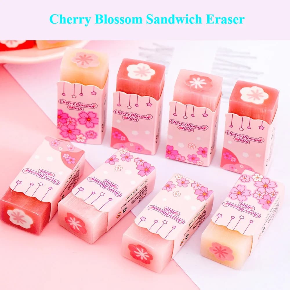 Pink Girly Cherry Blossom Erasers, Creative Low-Debris No-Residue Sandwich Erasers, Elementary Student Stationery Gift Erasers